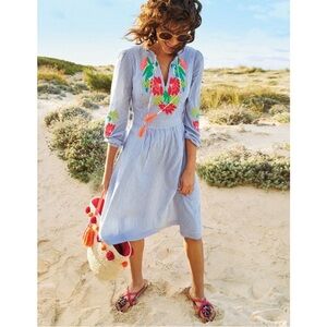 Boden Pinstripe Dress with Tropical Embroidery